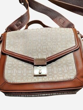 Cream Patterned Crossbody Satchel with Brown Trim